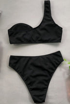 Women's One-Shoulder Bikini Set with Ring Detail and Ribbed-Texture Finish