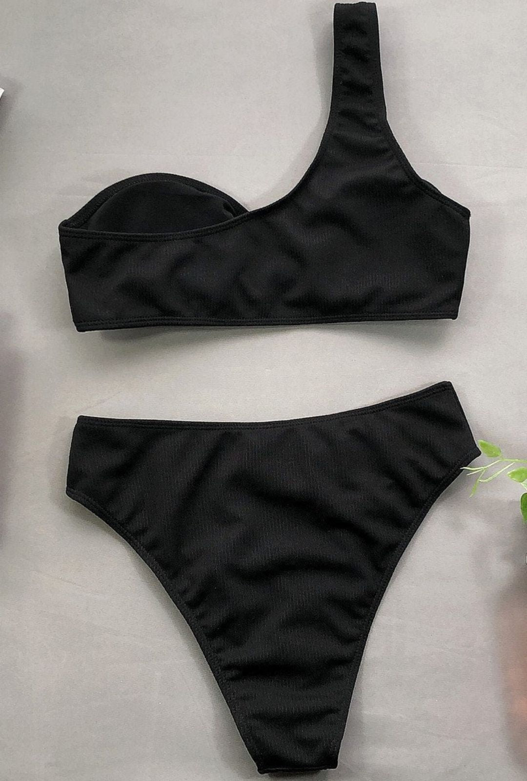 Women's One-Shoulder Bikini Set with Ring Detail and Ribbed-Texture Finish