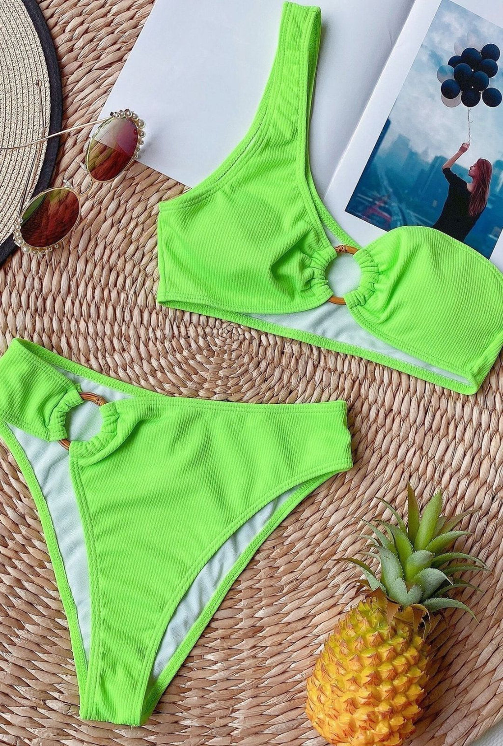 Women's One-Shoulder Bikini Set with Ring Detail and Ribbed-Texture Finish