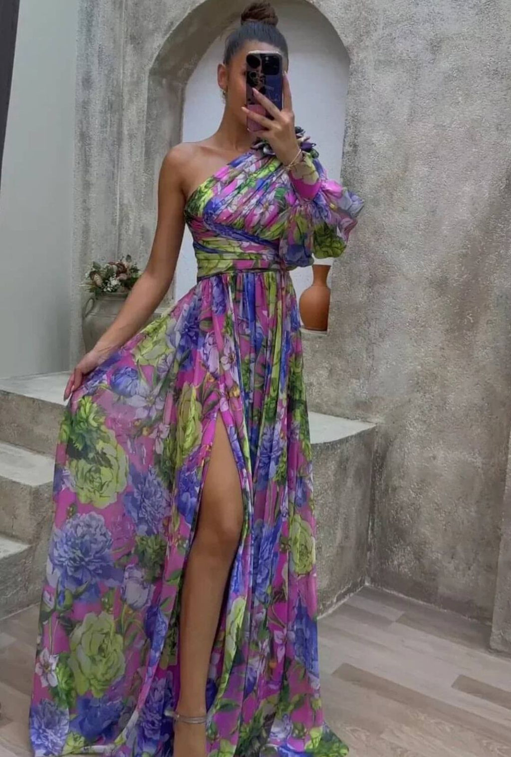 Women's One Shoulder Floral Print Maxi Dress with Puff Sleeve and Front Slit