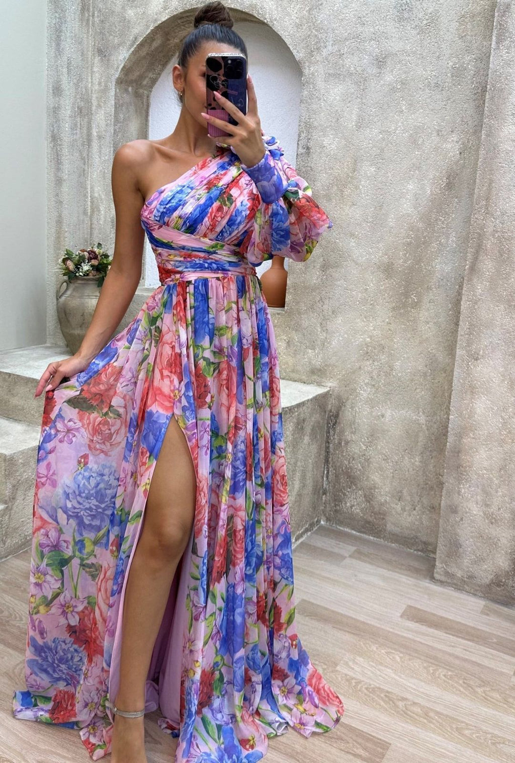 Women's One Shoulder Floral Print Maxi Dress with Puff Sleeve and Front Slit