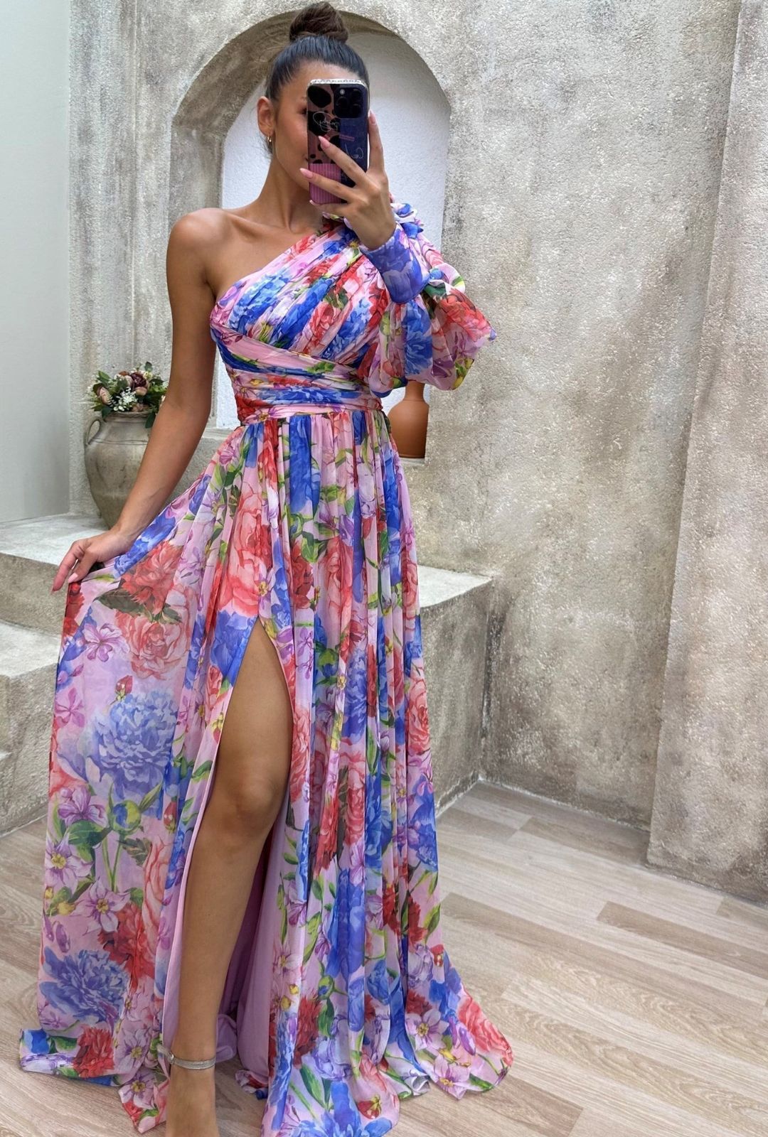 Women's One Shoulder Floral Print Maxi Dress with Puff Sleeve and Front Slit