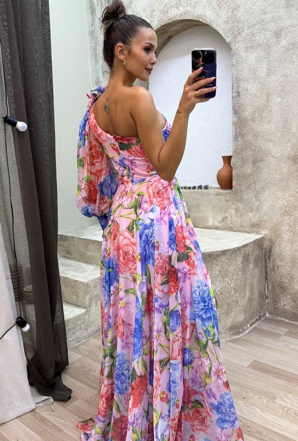 Women's One Shoulder Floral Print Maxi Dress with Puff Sleeve and Front Slit