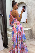 Women's One Shoulder Floral Print Maxi Dress with Puff Sleeve and Front Slit
