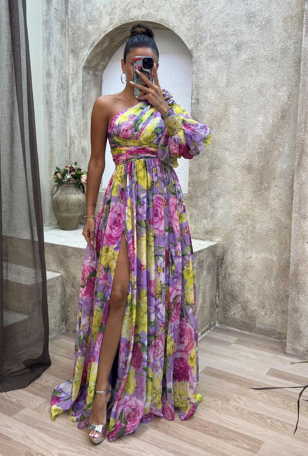 Women's One Shoulder Floral Print Maxi Dress with Puff Sleeve and Front Slit