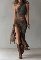 Women's One-Shoulder Maxi Dress with Mixed Botanical Print and Ruffle Hem