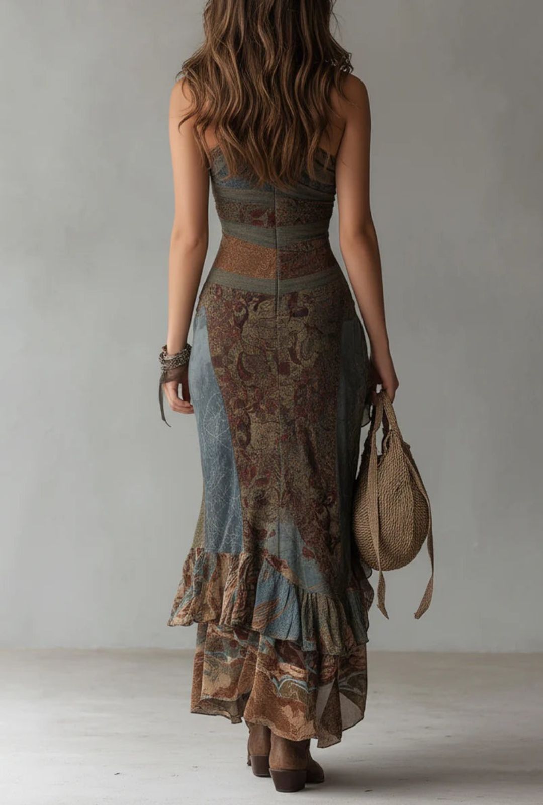 Women's One-Shoulder Maxi Dress with Mixed Botanical Print and Ruffle Hem