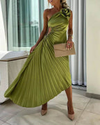Women's One-Shoulder Midi Dress with 3D Floral Appliqué and Pleated Skirt