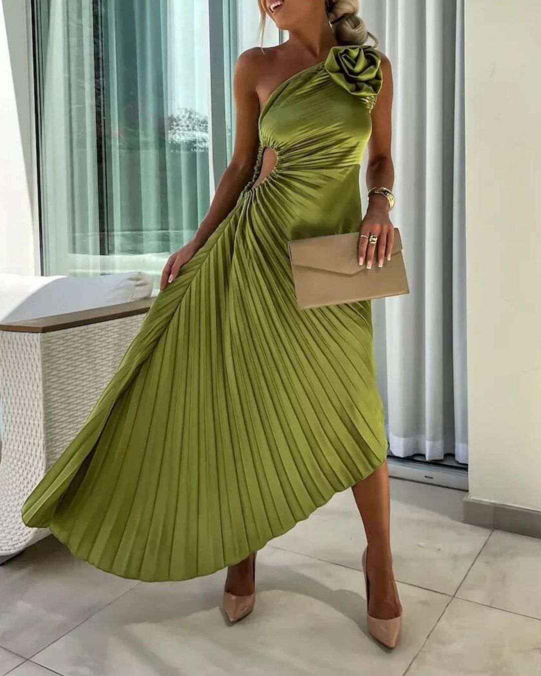 Women's One-Shoulder Midi Dress with 3D Floral Appliqué and Pleated Skirt