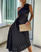 Women's One-Shoulder Midi Dress with 3D Floral Appliqué and Pleated Skirt