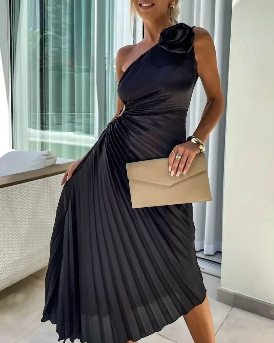 Women's One-Shoulder Midi Dress with 3D Floral Appliqué and Pleated Skirt