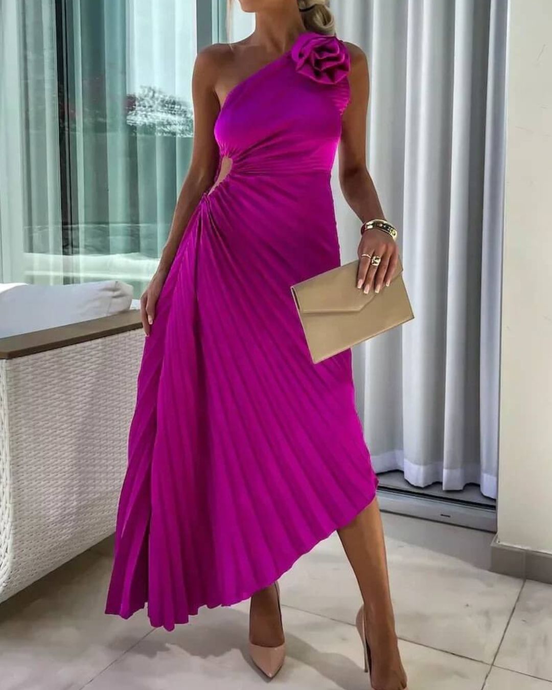 Women's One-Shoulder Midi Dress with 3D Floral Appliqué and Pleated Skirt