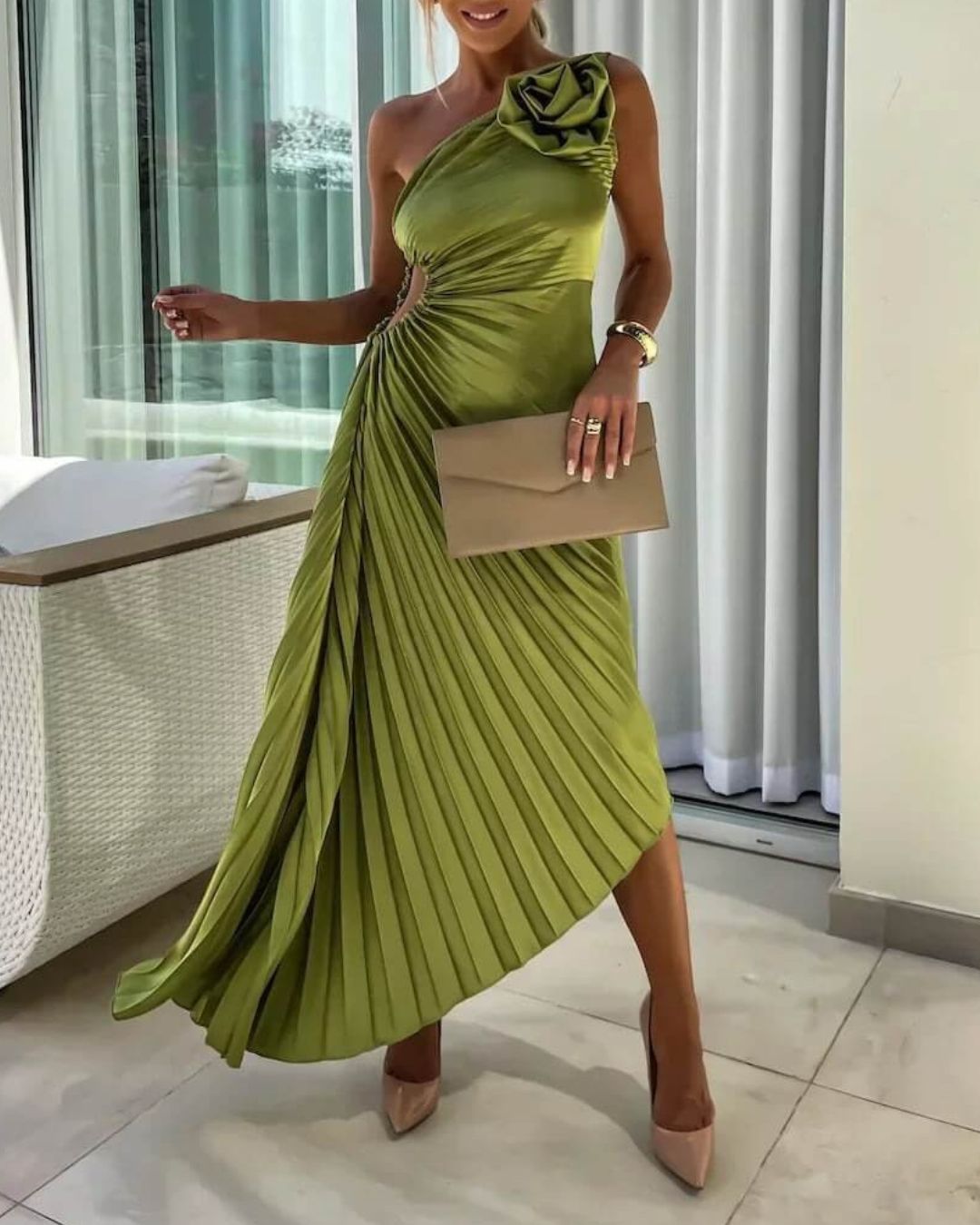 Women's One-Shoulder Midi Dress with 3D Floral Appliqué and Pleated Skirt