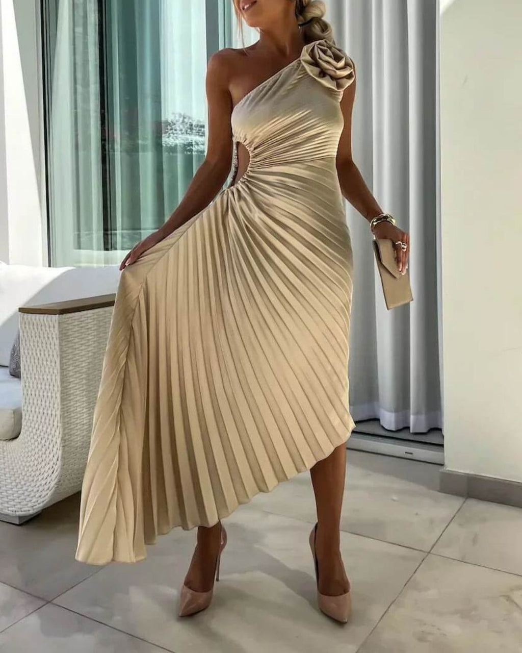 Women's One-Shoulder Midi Dress with 3D Floral Appliqué and Pleated Skirt