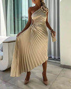 Women's One-Shoulder Midi Dress with 3D Floral Appliqué and Pleated Skirt