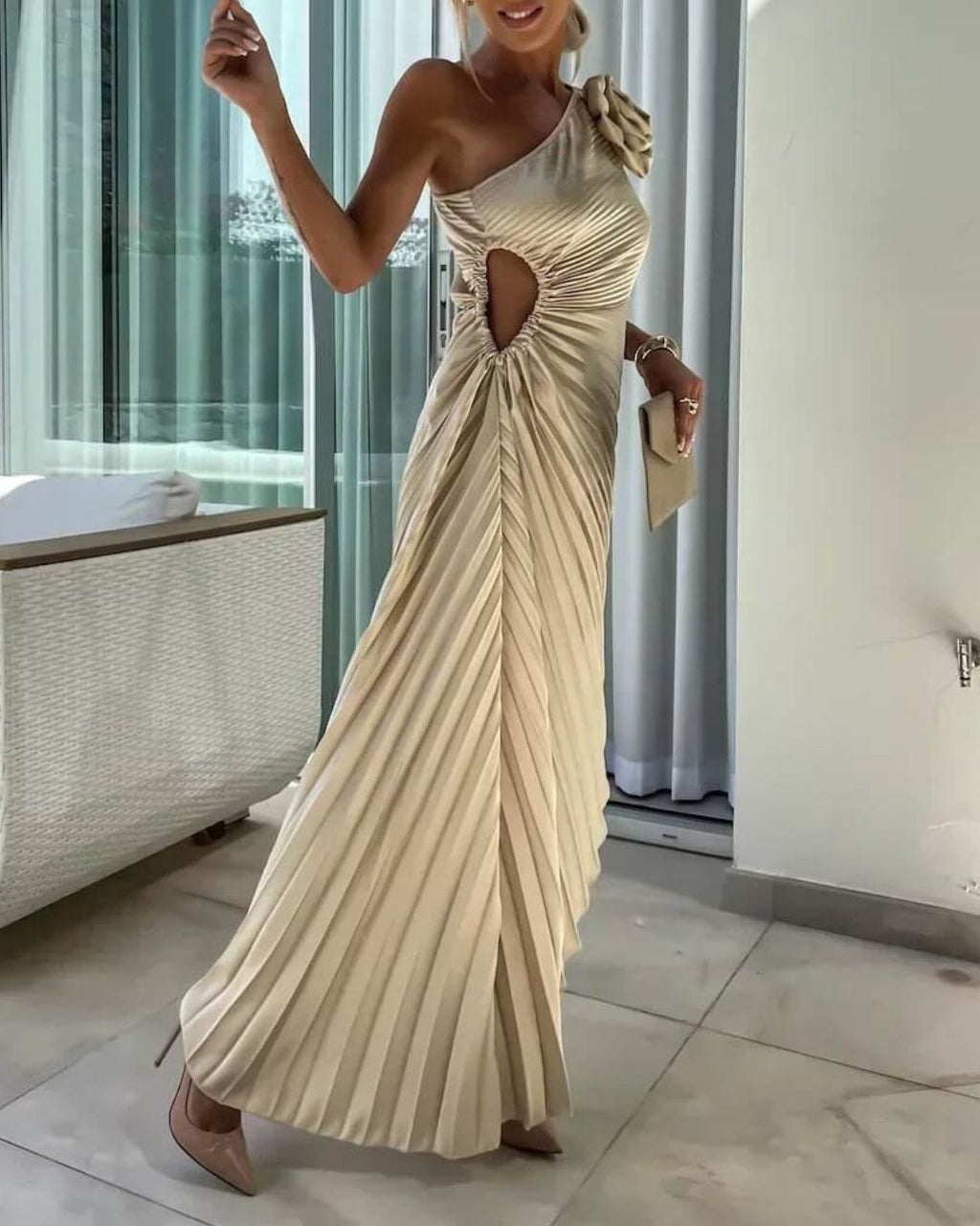 Women's One-Shoulder Midi Dress with 3D Floral Appliqué and Pleated Skirt