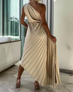 Women's One-Shoulder Midi Dress with 3D Floral Appliqué and Pleated Skirt