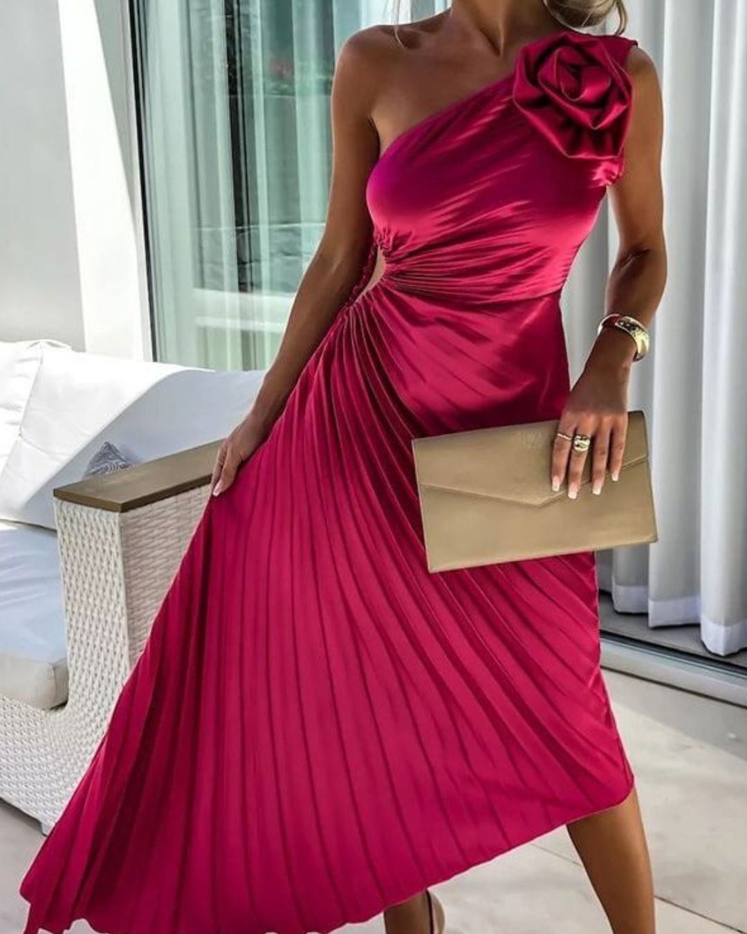 Women's One-Shoulder Midi Dress with 3D Floral Appliqué and Pleated Skirt