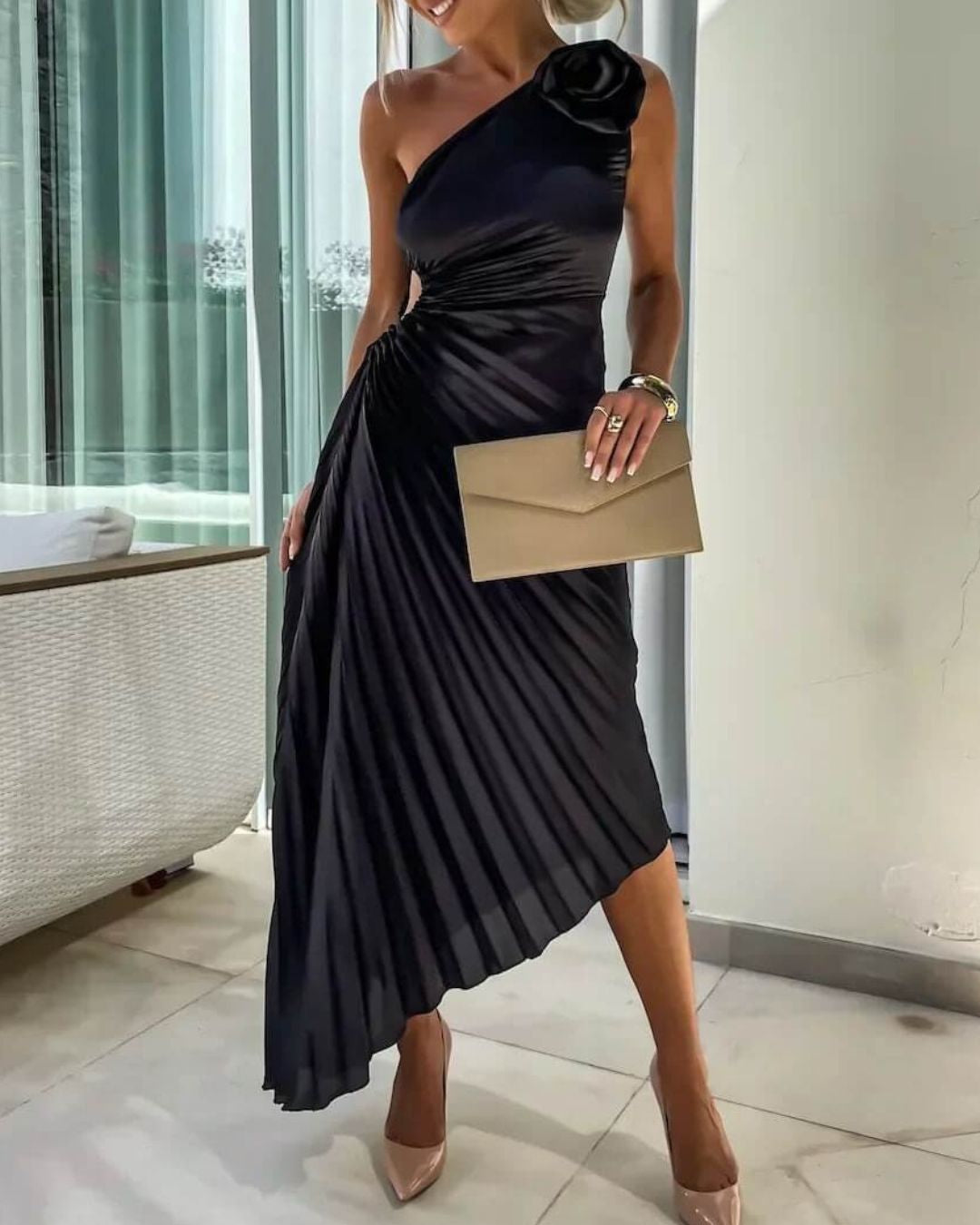 Women's One-Shoulder Midi Dress with 3D Floral Appliqué and Pleated Skirt