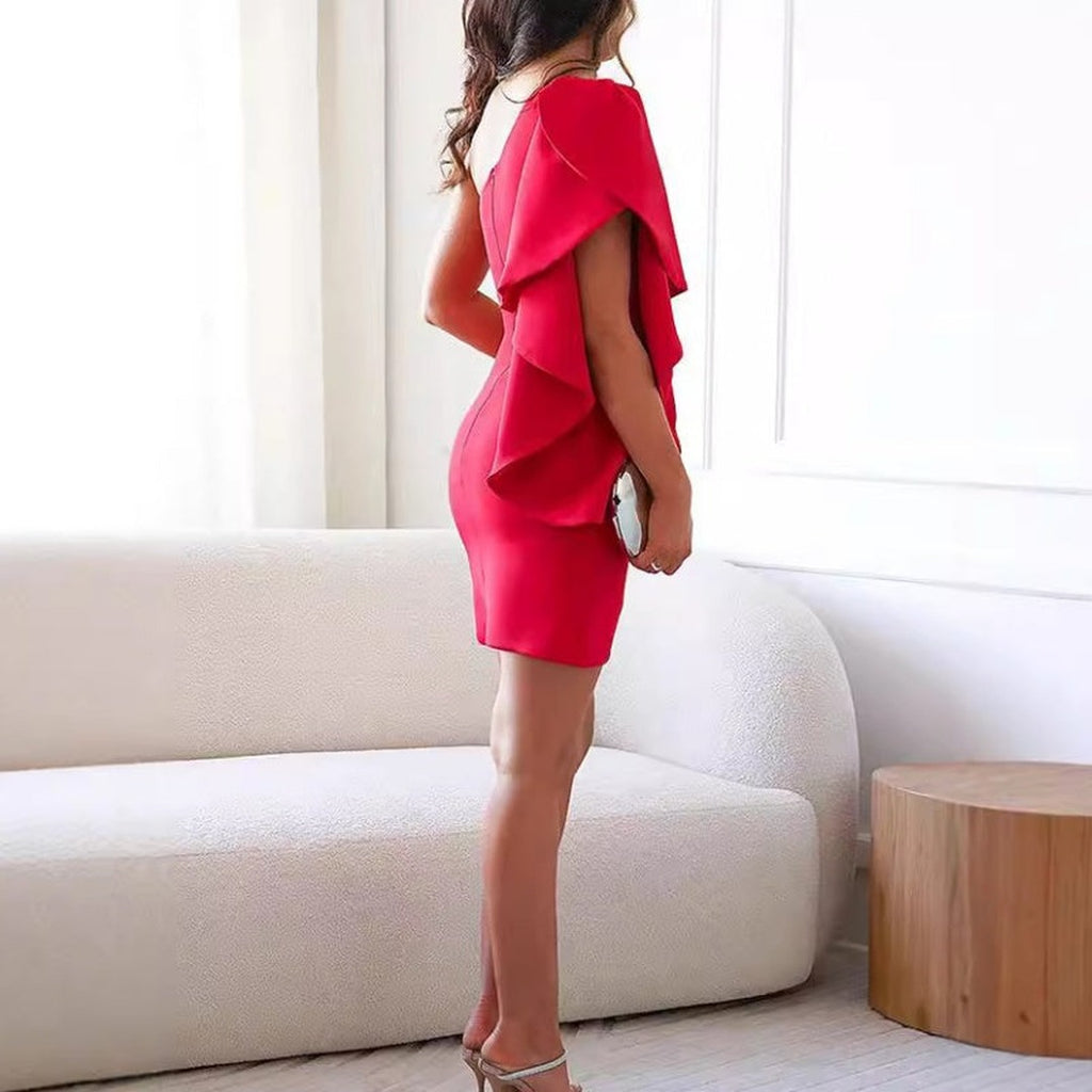 Women's One-Shoulder Mini Dress with Ruffle Sleeve Detail and Wrap Hem