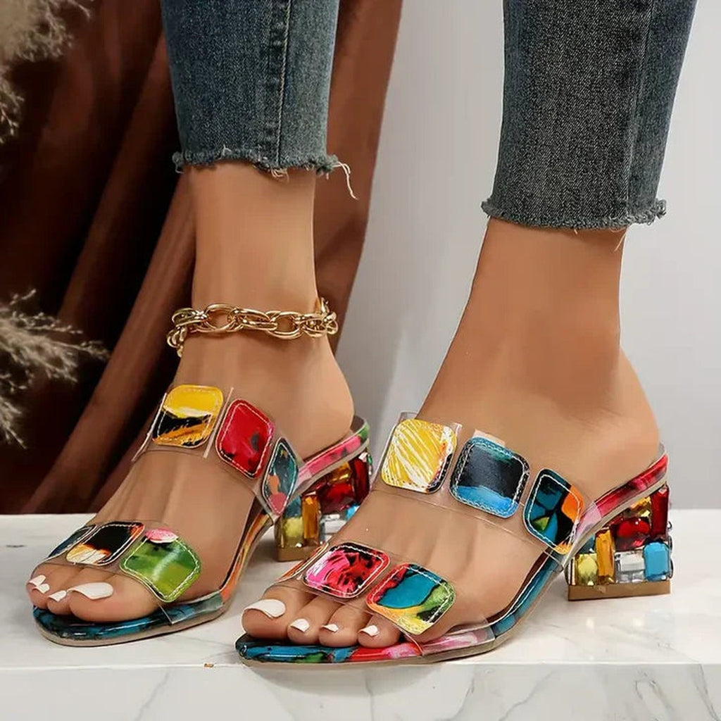Women's Open-Toe Block Heel Sandals with Clear Double Strap and Multicolour Gem-Embellished Upper and Heel