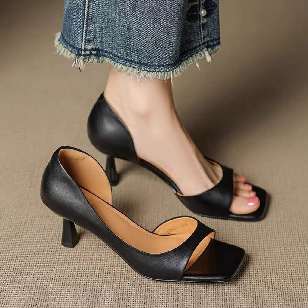 Women's Open-Toe Mule Heels with Square Toe and Cut-Out Side Panel