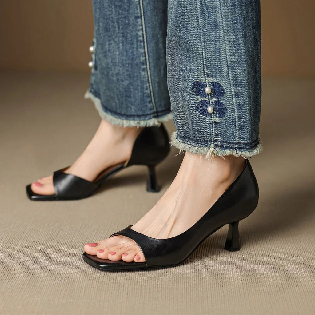 Women's Open-Toe Mule Heels with Square Toe and Cut-Out Side Panel