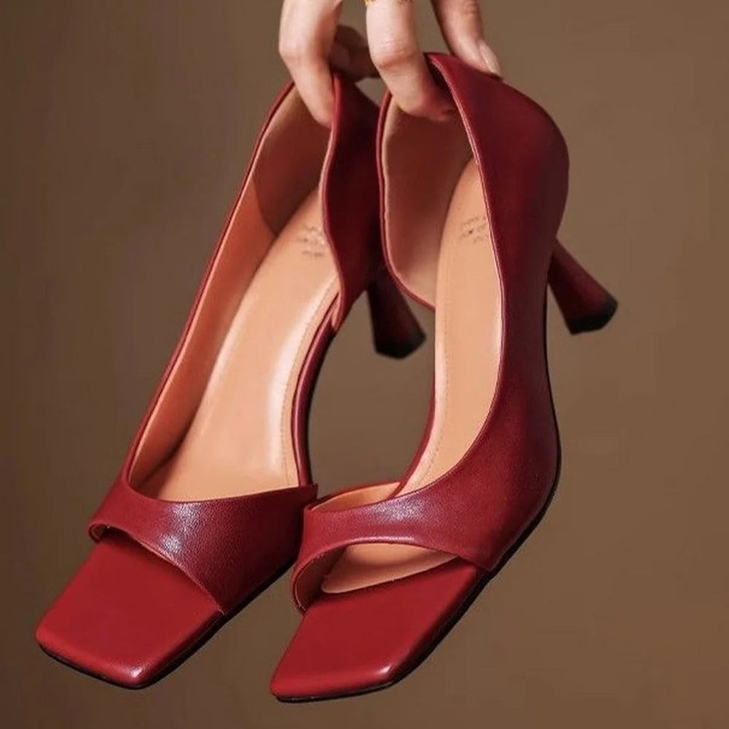 Women's Open-Toe Mule Heels with Square Toe and Cut-Out Side Panel