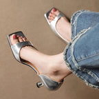 Women's Open-Toe Mule Heels with Square Toe and Cut-Out Side Panel