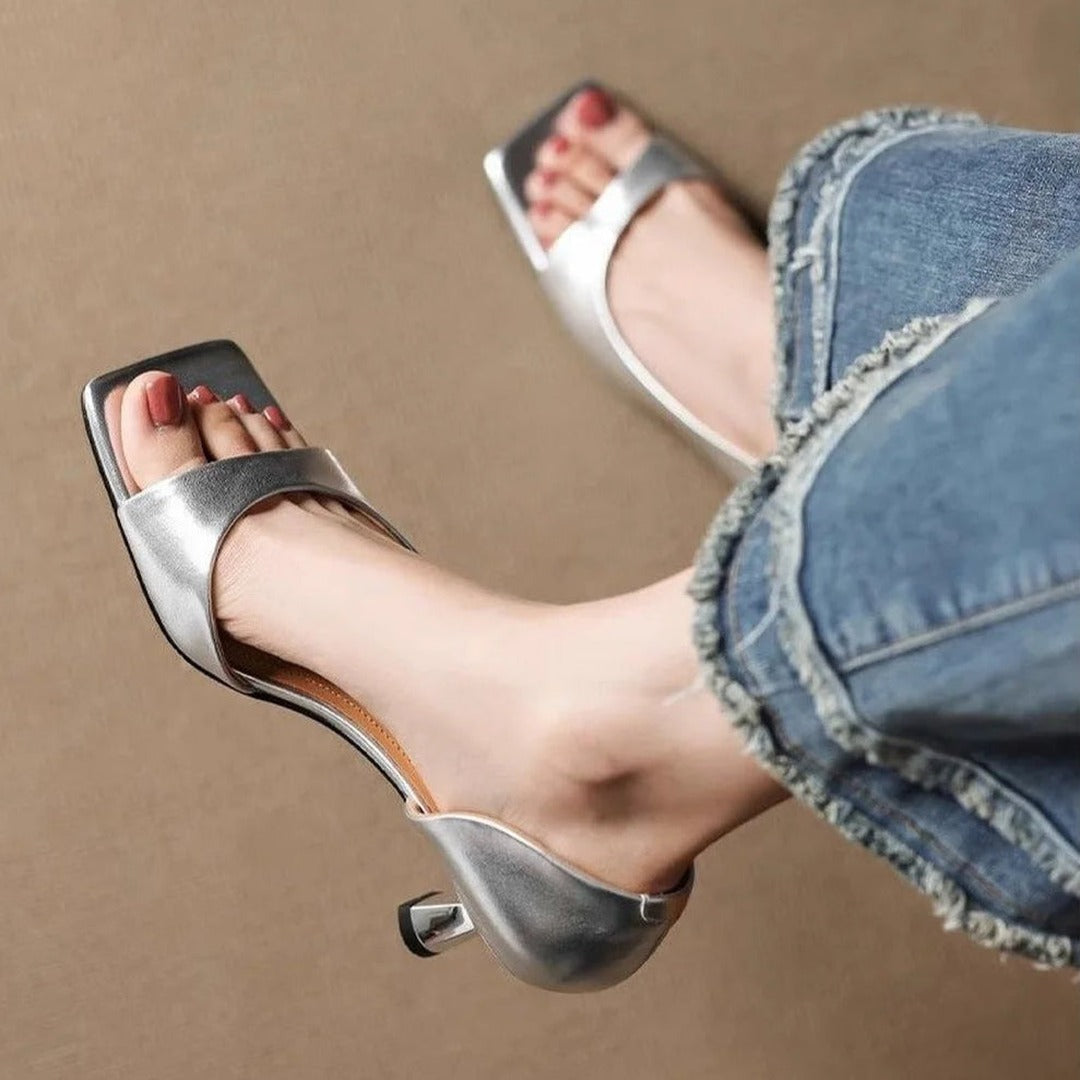 Women's Open-Toe Mule Heels with Square Toe and Cut-Out Side Panel