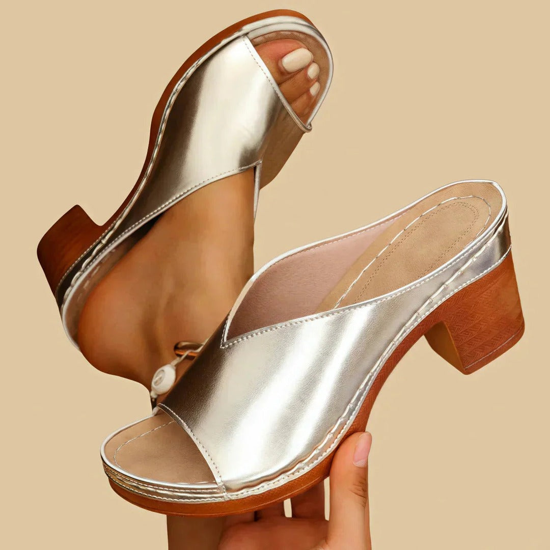 Women's Open-Toe Mule Heels with Wide Vamp Strap and Block Heel