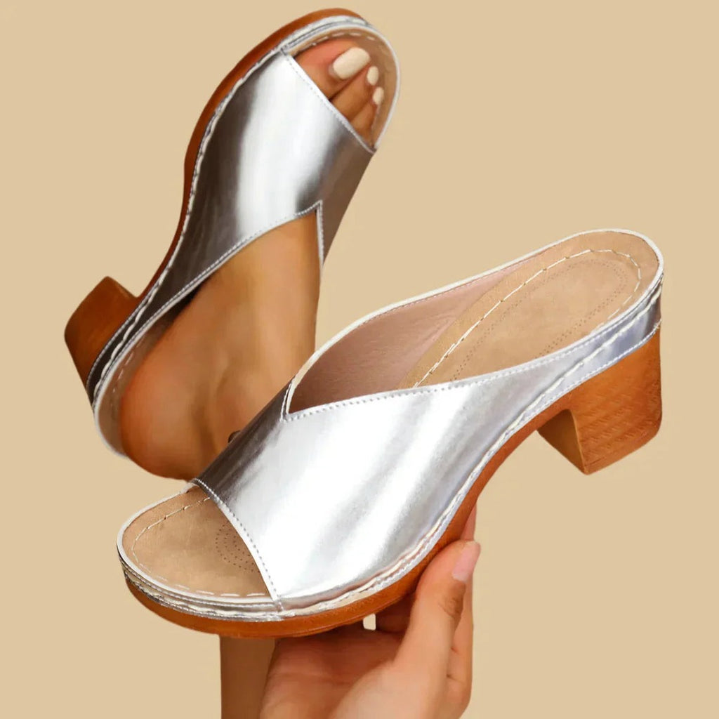 Women's Open-Toe Mule Heels with Wide Vamp Strap and Block Heel