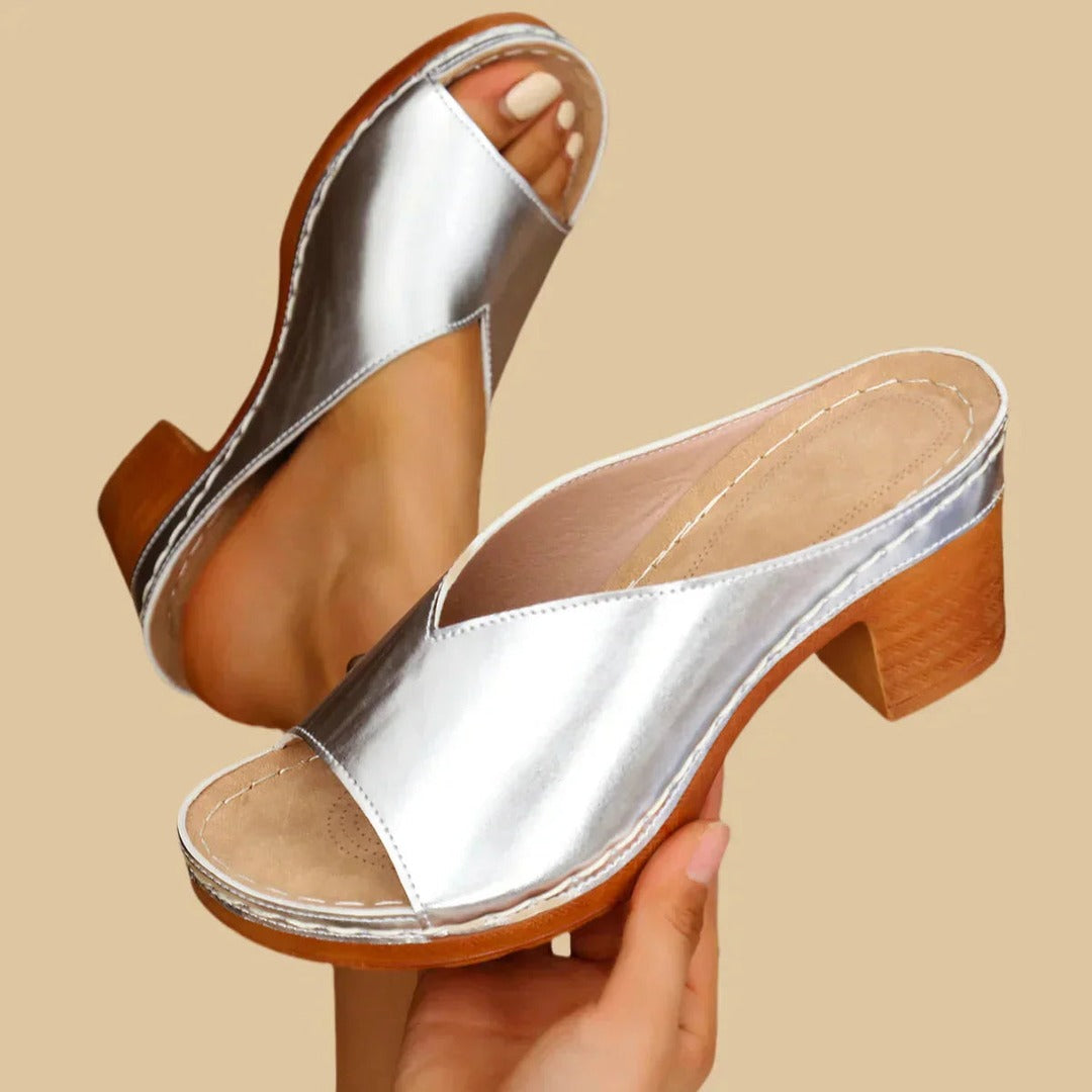 Women's Open-Toe Mule Heels with Wide Vamp Strap and Block Heel