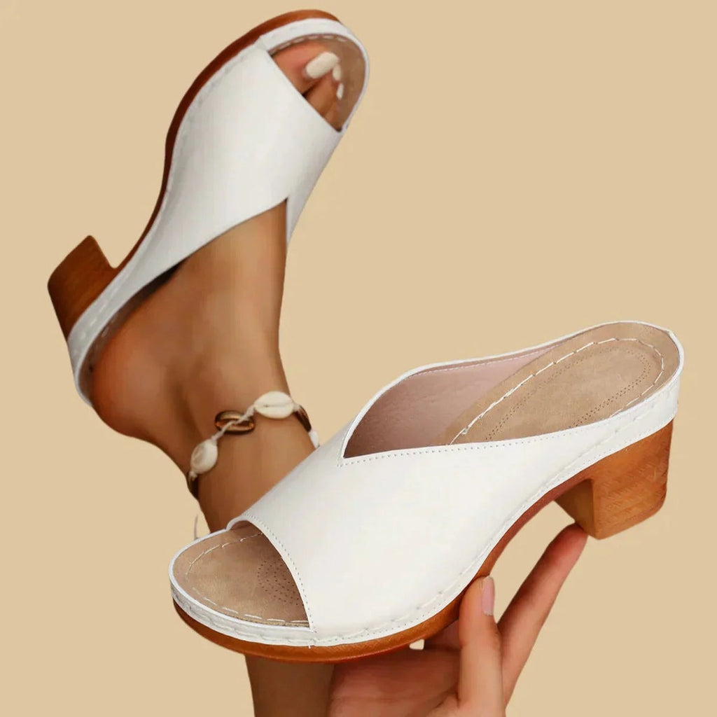Women's Open-Toe Mule Heels with Wide Vamp Strap and Block Heel
