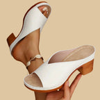 Women's Open-Toe Mule Heels with Wide Vamp Strap and Block Heel