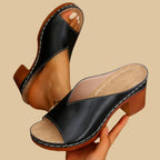 Women's Open-Toe Mule Heels with Wide Vamp Strap and Block Heel