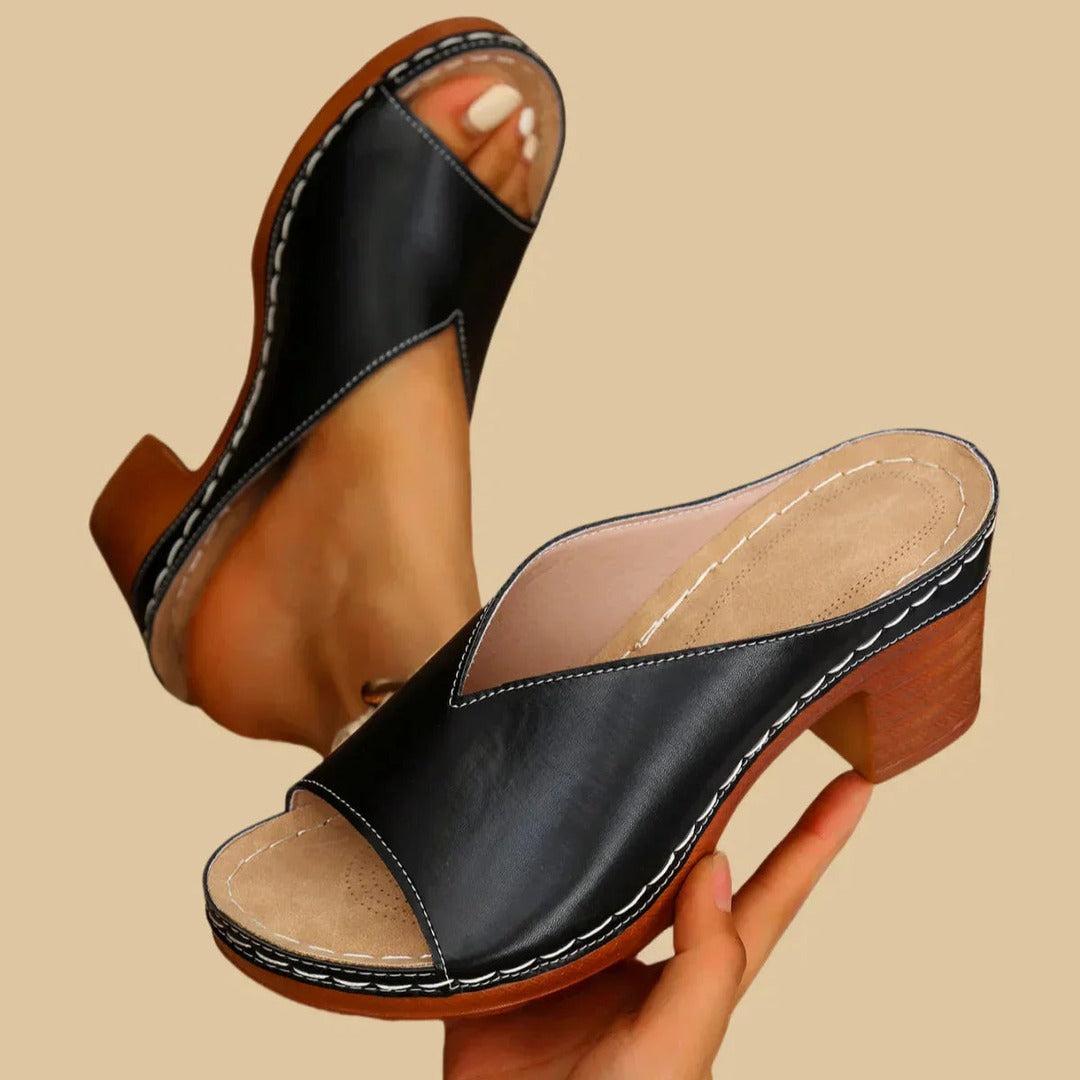 Women's Open-Toe Mule Heels with Wide Vamp Strap and Block Heel