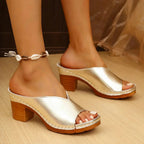 Women's Open-Toe Mule Heels with Wide Vamp Strap and Block Heel
