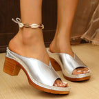 Women's Open-Toe Mule Heels with Wide Vamp Strap and Block Heel