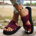 Women's Open Toe Sandals with Cross Strap Upper and Perforated Panel and Flat Sole