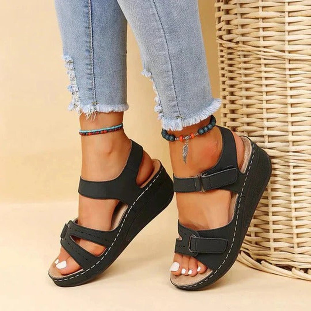 Women's Open Toe Sandals with Dual Hook and Loop Strap Fastening and Wedge Sole