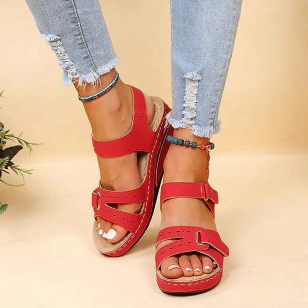 Women's Open Toe Sandals with Dual Hook and Loop Strap Fastening and Wedge Sole