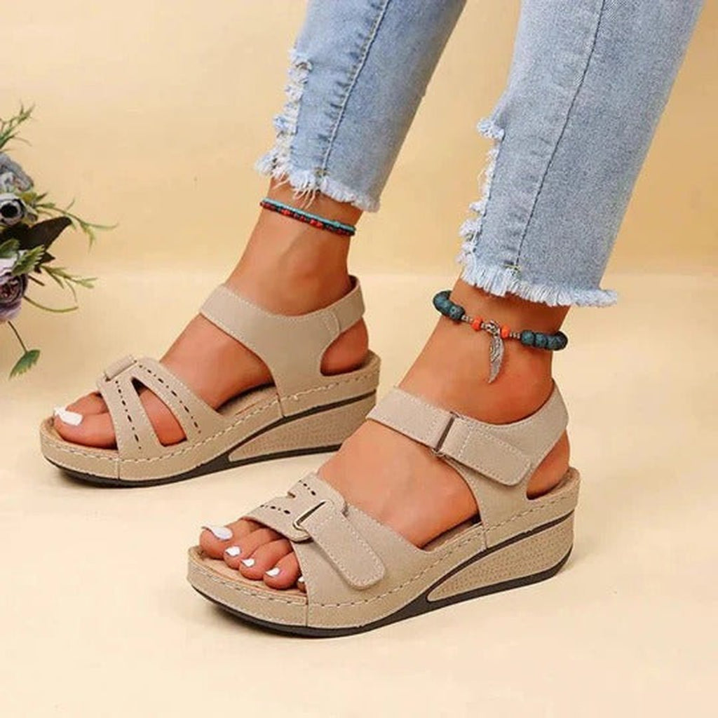 Women's Open Toe Sandals with Dual Hook and Loop Strap Fastening and Wedge Sole