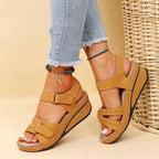 Women's Open Toe Sandals with Dual Hook and Loop Strap Fastening and Wedge Sole
