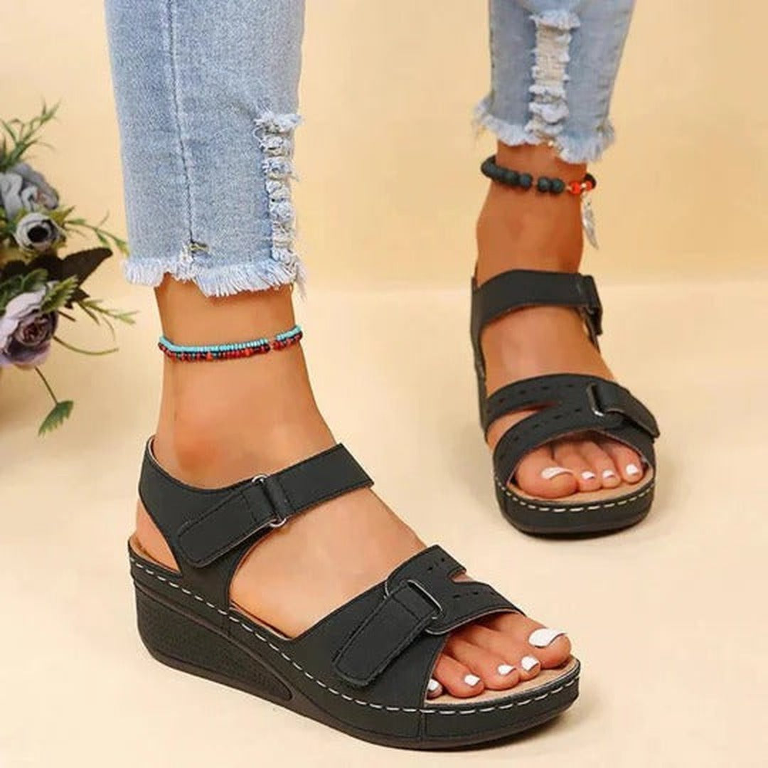 Women's Open Toe Sandals with Dual Hook and Loop Strap Fastening and Wedge Sole