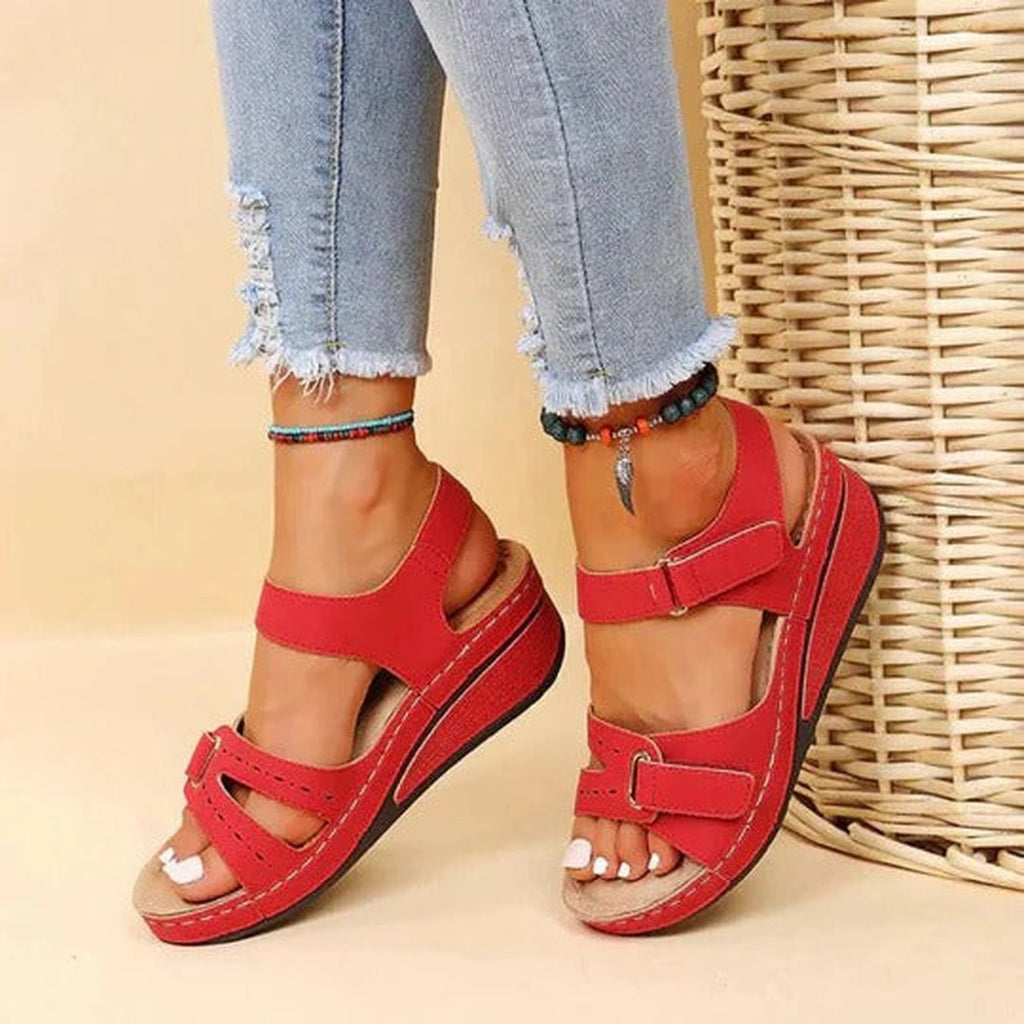 Women's Open Toe Sandals with Dual Hook and Loop Strap Fastening and Wedge Sole