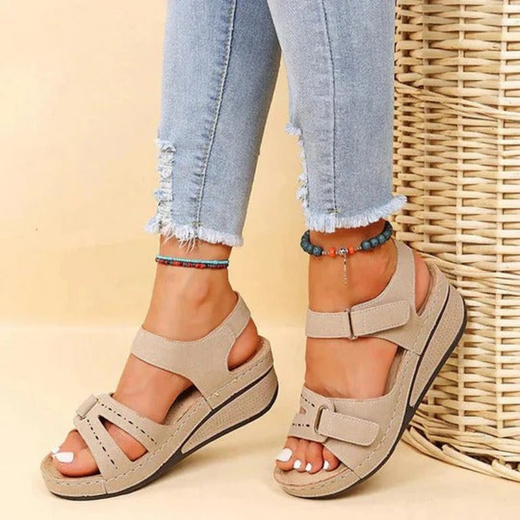 Women's Open Toe Sandals with Dual Hook and Loop Strap Fastening and Wedge Sole