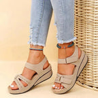 Women's Open Toe Sandals with Dual Hook and Loop Strap Fastening and Wedge Sole