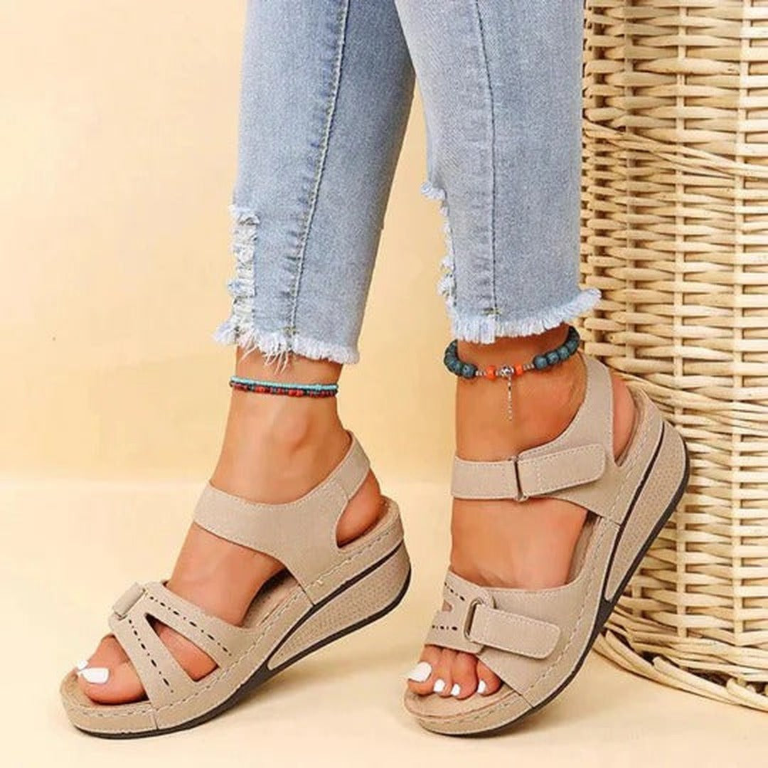 Women's Open Toe Sandals with Dual Hook and Loop Strap Fastening and Wedge Sole
