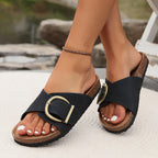 Women's Open Toe Slide Sandals with Wide Single Strap and Oversized Antique Buckle Detail on Textured Platform Sole